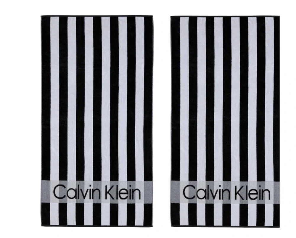 Calvin Klein 2 Piece Beach Towel Set Black Gray Striped Logo 100% Cotton NEW